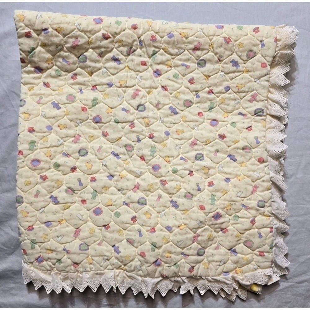 Vintage Baby Handmade Quilted Blanket Yellow Girls 40x40